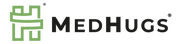 The MEDHUGS logo is shown on a plain white background, featuring a green stylized medical cross icon on the left and the brand name 'MEDHUGS' in black sans-serif text on the right.