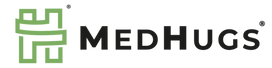 The MEDHUGS logo is shown on a plain white background, featuring a green stylized medical cross icon on the left and the brand name 'MEDHUGS' in black sans-serif text on the right.
