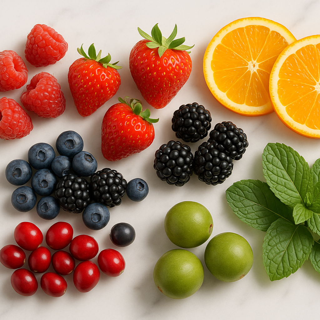 100% natural flavors of - raspberry, strawberry, orange, mixed berry, cranberry, peppermint, monk fruit, licorice